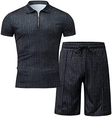 Yazlık gömlek Erkekler için erkek İki Parçalı Set Rahat Çizgili İki Parçalı Fermuar Yaka Bluz Kısa Setleri İpli