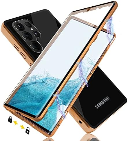 Güvenlik Kilidi ile Samsung Galaxy S23 Ultra için Manyetik Kılıf, Manyetik Temperli Cam Çift Taraflı Telefon Kılıfı,