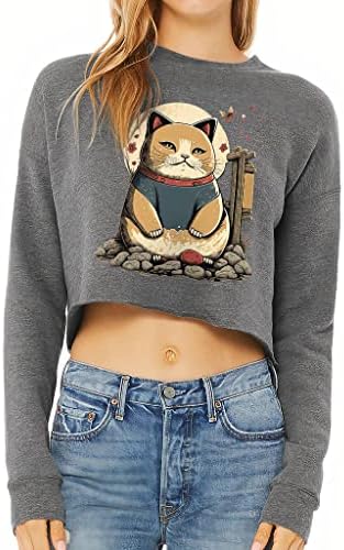 Şanslı Kedi Grafik Kırpılmış Sweatshirt-Japon Tasarım Kadın Sweatshirt-İllüstrasyon Mahsul Ekip Sweatshirt