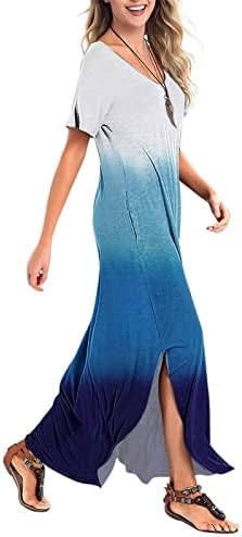 Kadın 2023 yaz elbisesi Gevşek Kısa Kollu Ekip Boyun Renkli Baskı Bölünmüş uzun elbise Plaj Maxi Elbise Cep ile