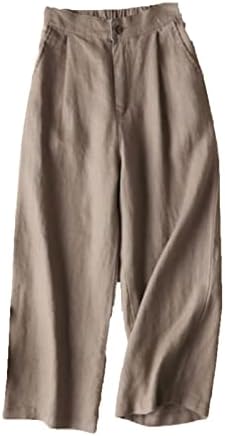 Maiyifu-GJ kadın Keten Kırpılmış Geniş Bacak Pantolon Yüksek Belli Düğme Aşağı Uzun Pantolon Streç Düz Yaz Rahat