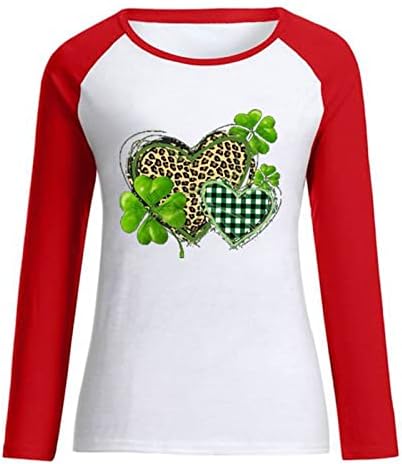 Aziz Patrick Günü Shamrock Kadın T-Shirt Leopar Ekose Kalp Baskı Uzun Kollu Raglan Üstleri Rahat beyzbol tişörtü