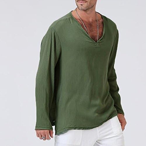 XXBR Uzun Kollu V Boyun T-Shirt Mens, Katı Tay Hippi Gömlek Artı Boyutu Pamuk Kırışıklık Rahat Rahat Plaj Tee Tops