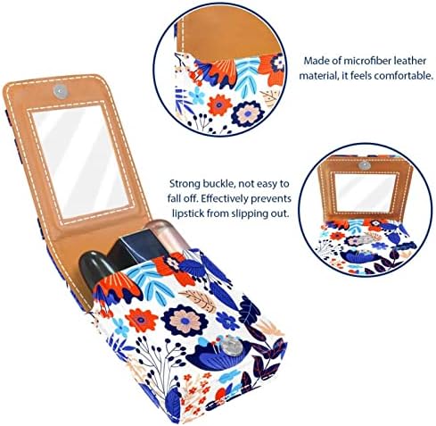 Çanta için Ayna ile Renkli Elle Çizilmiş Çiçekler Desen Küçük Ruj Kılıfı, Dayanıklı Deri Kozmetik Makyaj Tutacağı,