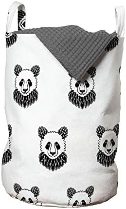 Ambesonne Dövme Çamaşır Torbası, Panda Ayısı Portreleri Siyah Beyaz Maskotlar Deseni, Kulplu Sepet Çamaşırhaneler