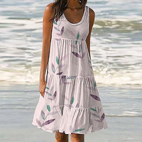 msmrrml Günlük Elbiseler Kadınlar için, Crewneck Kolsuz Yaz Kısa Elbise Çiçek Baskı Fırfır Katmanlı Plaj Elbise