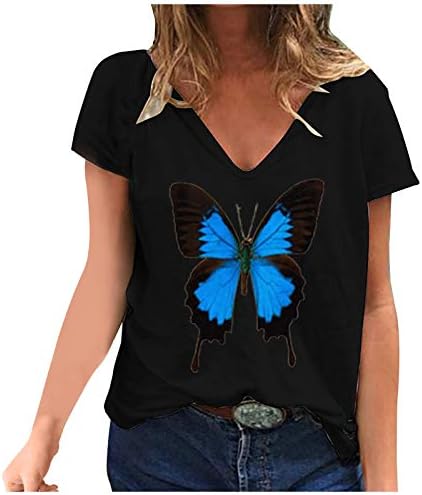 Yaz T Shirt Kadınlar için Grafik Kelebek Baskı Tee Gömlek Moda V Boyun Kısa Kollu Üstleri Artı Boyutu Rahat Bluz