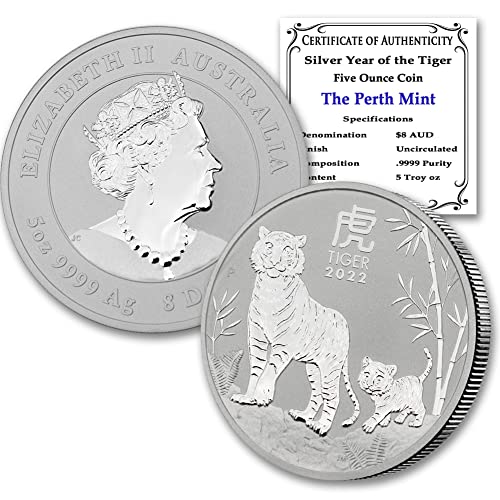 2022 P 5 oz Avustralya Gümüş Kaplan Yılı Resmi Yasal İhale Parası Parlak Dolaşımsız (DAHİLİ Kapsül) 8 $Satıcı Mint