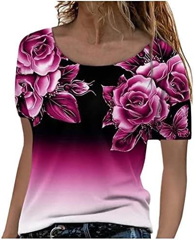 Kadın Kısa Kollu 2023 Crewneck Degrade Gül Çiçek Grafik Gevşek Fit Salonu Üst Gömlek T Shirt Kızlar için BF