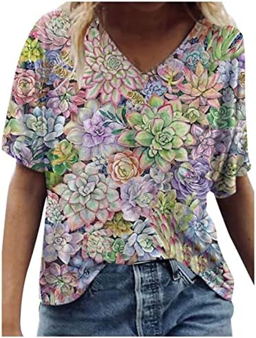 Kadın Kısa Kollu Üst Yaz Sonbahar 2023 Giyim Moda Pamuk V Boyun Grafik Rahat Üst Gömlek Bayanlar için Nİ Nİ