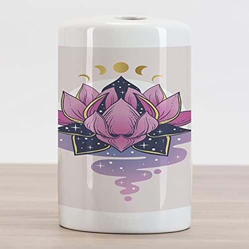 Lunarable Yoga Seramik Diş Fırçası Tutacağı, Suda Lotus Çiçeği Botanik ve Ayın Evreleri Dijital Sanat, Banyo için