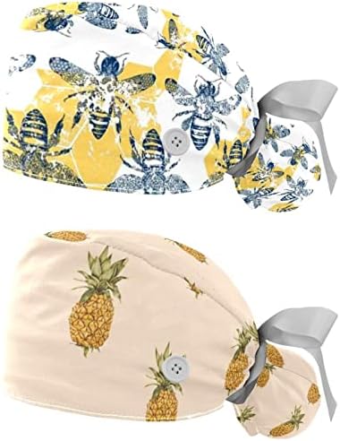 Düğme ve Ter bandı ile Sarı Kelebek Çalışma Kapağı, 2 Paket Yeniden Kullanılabilir Cerrahi Cerrahi Şapkalar At Kuyruğu