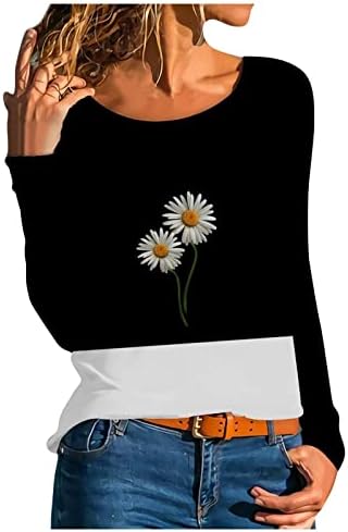 SYlibes Bayan 2023 Sonbahar Gömlek, Çiçek Baskı U Yaka Tişörtü Uzun Kollu İş Bluz Fit Gevşek Gömme Kadınlar için