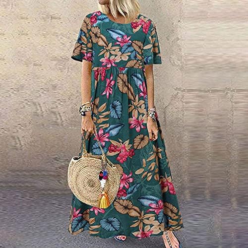 Kadınlar için yaz modası, Kadın artı boyutu O-boyun çiçek baskı Vintage kısa kollu uzun Maxi elbise