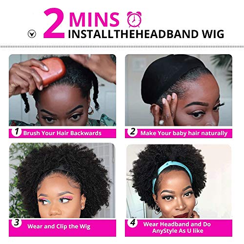 Kafa bandı peruk insan saçı Kısa Afro Kinky Kıvırcık Kafa Bandı Peruk siyah kadın peruk Tutkalsız Afro Peruk Kadınlar