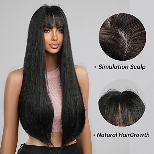 Allbell Uzun Siyah Peruk Kadınlar için Düz kahküllü peruk Sentetik Doğal Saç