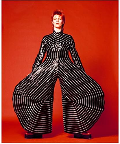 David Bowie, Mega Dairesel Çan Dipli Siyah Beyaz Çizgili Takım Elbise Giymiş Kırmızı Arka Plan 8 x 10 İnç Fotoğraf