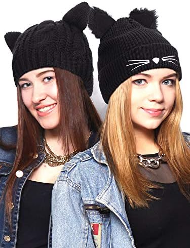 2 Adet Kış Kedi Kulaklar Şapkalar Yumuşak Sıcak Örgü Bere Kap 2 Adet Ponponlar Kadınlar Kızlar için Çok Renkli