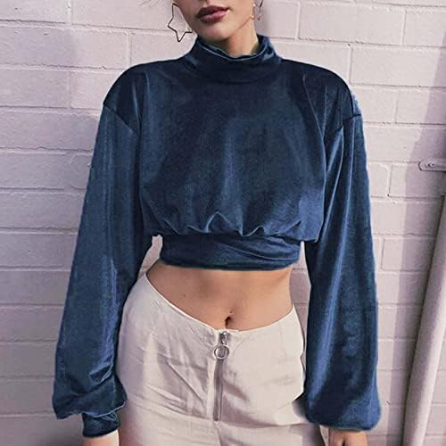 Kırpılmış kadın Hoodies Tişörtü Moda Mockneck Fener Uzun Kollu Üstleri Bodycon Tunik Moda Streç Elbise