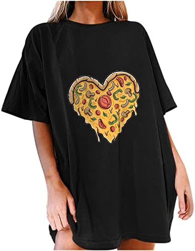 Kadın Pizza Kalp Baskılı Damla Omuz T-Shirt Ekip Boyun Kısa Kollu Rahat Tee Gömlek Tops
